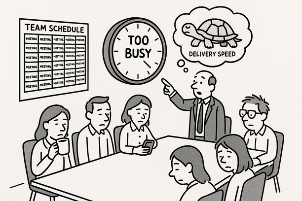 Visual metaphor of overwhelmed teams with calendars and emails