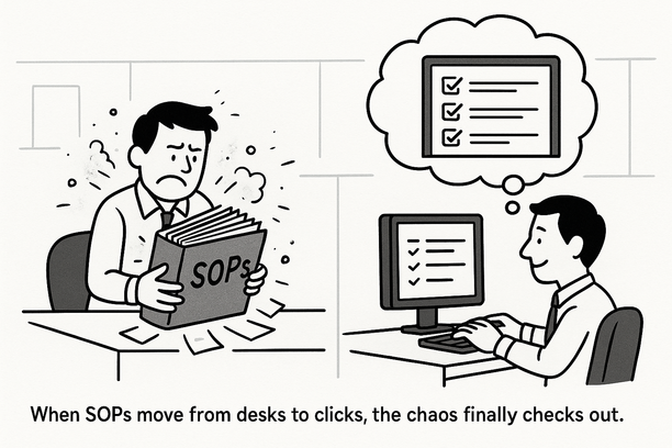 Workflow illustration showing embedded SOP checklists and prompts within CRM tools for seamless adoption
