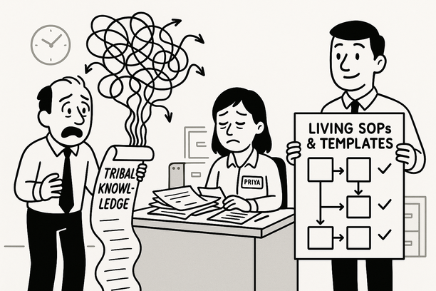Workflow visualization showing shift from tribal knowledge to visible boards and templates for mitigating key person risk