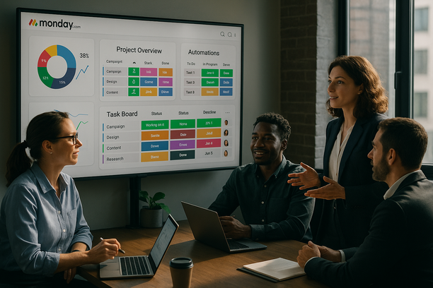 Centralized Monday.com operations dashboard reducing email clutter and improving communication flow