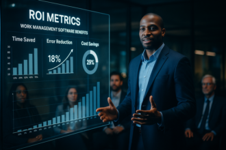 Graph illustrating key ROI metrics for work management software including time saved, error reduction, and increased throughput