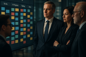 Executive Kanban board displaying real-time workflow, WIP limits, and exception alerts for streamlined management