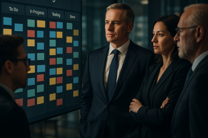 Executive Kanban board displaying real-time workflow, WIP limits, and exception alerts for streamlined management