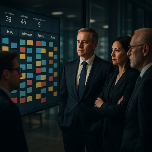 Executive Kanban board displaying real-time workflow, WIP limits, and exception alerts for streamlined management