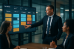 Executive reviewing a real-time Kanban board dashboard to replace status meetings and improve workflow visibility