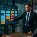 Executive reviewing a real-time Kanban board dashboard to replace status meetings and improve workflow visibility