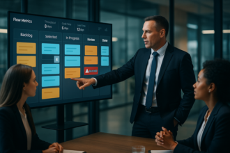 Executive reviewing a real-time Kanban board dashboard to replace status meetings and improve workflow visibility