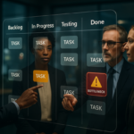 Executive Kanban board showing live visual workflow to replace status meetings and improve leadership transparency