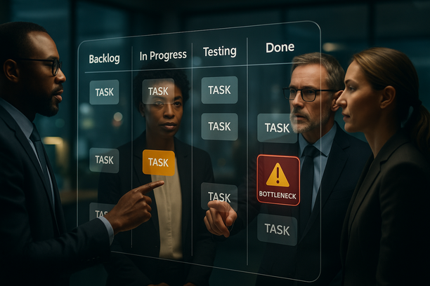 Executive Kanban board showing live visual workflow to replace status meetings and improve leadership transparency