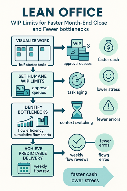 Visualization of office workflow showing lean work-in-process (WIP) limits to improve finance and operations efficiency