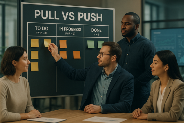 Illustration comparing pull and push systems with WIP limits for teams