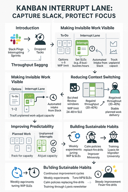 Kanban board showing an Interrupt Lane used to capture Slack requests and protect focused work