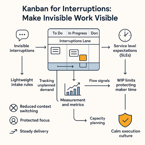 Kanban board showing a visible queue of interruptions and unplanned work with WIP limits