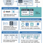 Kanban board showing lanes for Slack interruptions, WIP limits, and tracked work items to improve team focus