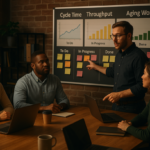 Dashboard showing Kanban metrics including cycle time, throughput, and aging work in progress for office KPI forecasting
