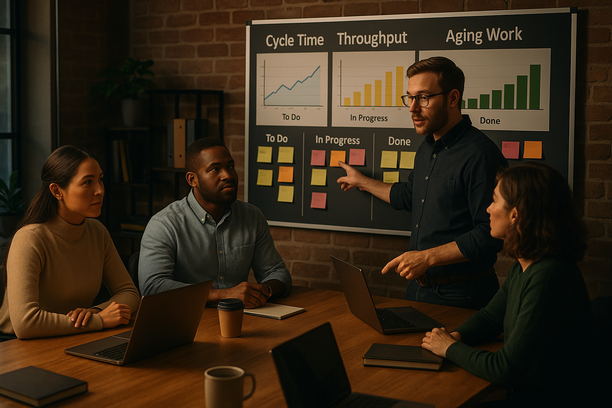 Dashboard showing Kanban metrics including cycle time, throughput, and aging work in progress for office KPI forecasting
