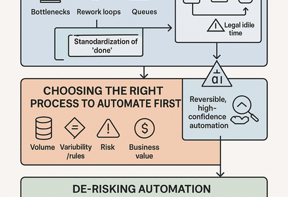 Visual diagram showing value stream mapping to identify process bottlenecks and handoff delays for automation prioritization