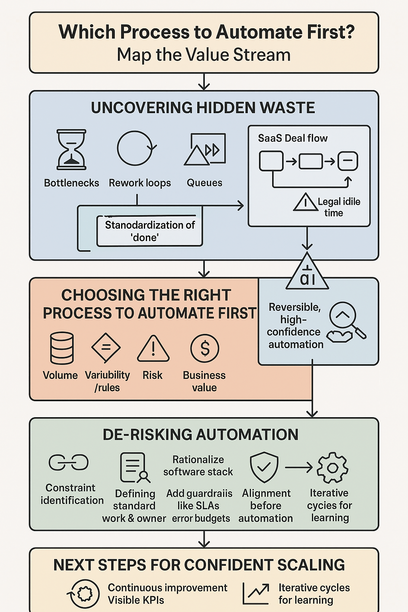 Value stream mapping diagram showing bottleneck and handoff identification for automation prioritization
