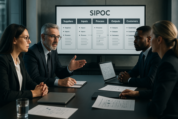 One-page SIPOC template illustrating suppliers, inputs, process steps, outputs, and customers for quick executive alignment