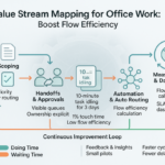Visual representation of value stream mapping highlighting bottlenecks and flow efficiency in office work