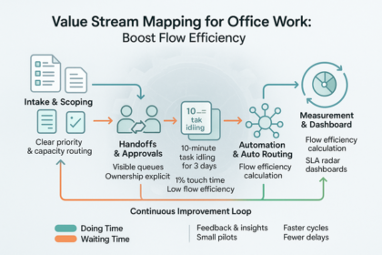 Visual representation of value stream mapping highlighting bottlenecks and flow efficiency in office work