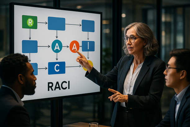Visual of RACI overlays on process maps showing decision rights