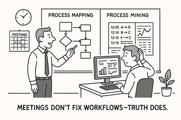 Diagram illustrating the differences and combined benefits of process mining and process mapping for operational efficiency