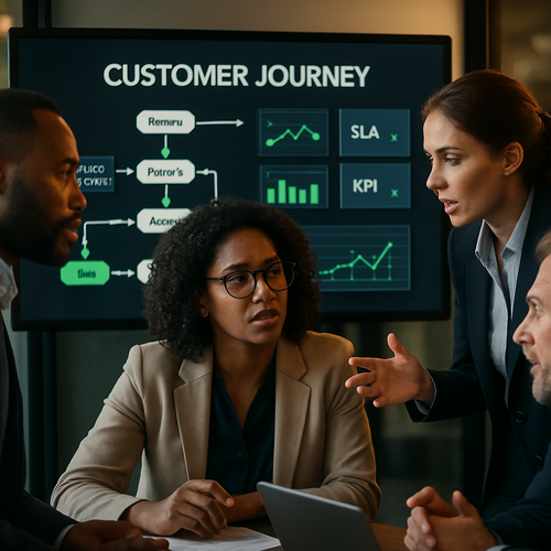 Diagram illustrating customer journey mapping integrated into internal business processes for improved operational efficiency