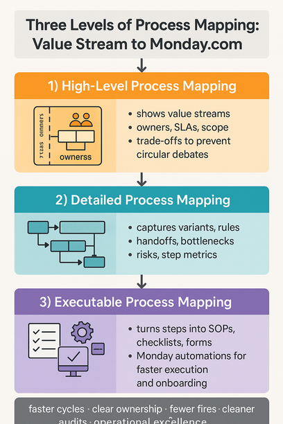 Diagram illustrating high-level, detailed, and executable process mapping levels linked to Monday.com workflows