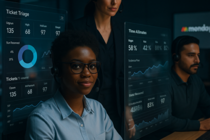 Dashboard showing AI-driven ticket triage and SLA reduction using Monday.com automations