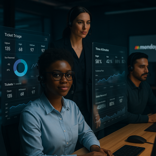 Dashboard showing AI-driven ticket triage and SLA reduction using Monday.com automations