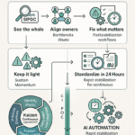 Diagram illustrating a one-day SIPOC mapping process combined with Kaizen methodology for fast workflow alignment and standard work creation
