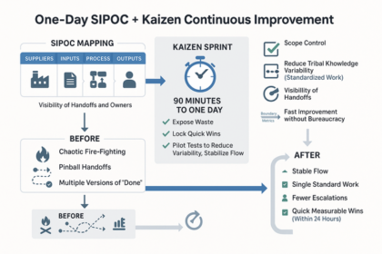 Diagram showing a SIPOC map paired with a Kaizen sprint workflow to improve process flow in 24 hours