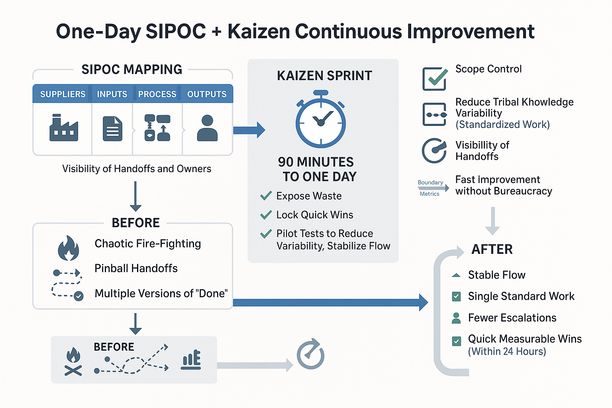 Diagram showing a SIPOC map paired with a Kaizen sprint workflow to improve process flow in 24 hours
