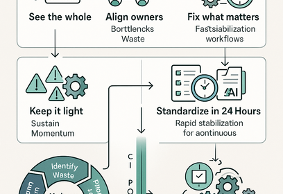 Diagram illustrating a one-day SIPOC mapping process combined with Kaizen methodology for fast workflow alignment and standard work creation