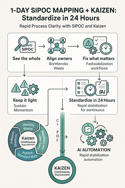 Diagram illustrating a one-day SIPOC mapping process combined with Kaizen methodology for fast workflow alignment and standard work creation