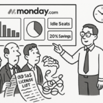 Monday.com dashboard showing automated SaaS license utilization and idle seat tracking for cost savings