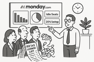 Monday.com dashboard showing automated SaaS license utilization and idle seat tracking for cost savings