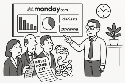 Monday.com dashboard showing automated SaaS license utilization and idle seat tracking for cost savings