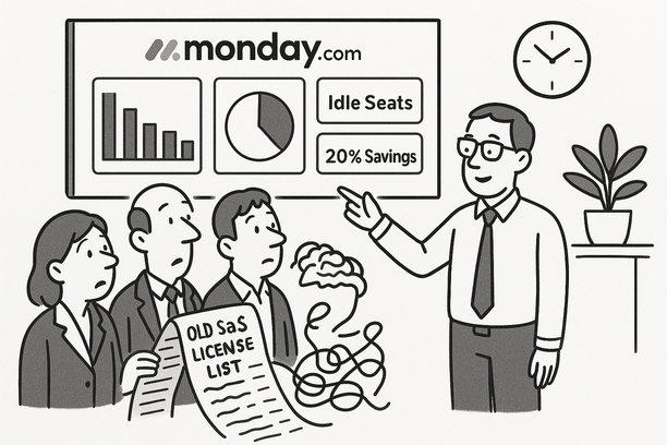 Monday.com dashboard showing automated SaaS license utilization and idle seat tracking for cost savings