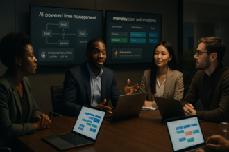 Dashboard showing AI-driven timeboxing and Monday.com automations optimizing sprint workflow and focus