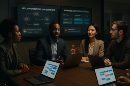 Dashboard showing AI-driven timeboxing and Monday.com automations optimizing sprint workflow and focus