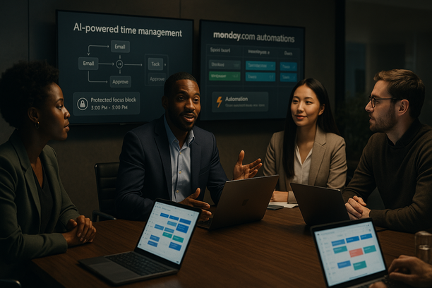 Dashboard showing AI-driven timeboxing and Monday.com automations optimizing sprint workflow and focus