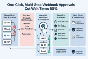 Dashboard showing multi-step webhook approvals accelerating workflow with automated one-click decisions