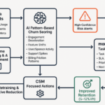 Dashboard showing AI pattern-based churn risk scores integrated with Monday.com renewal alerts for customer retention