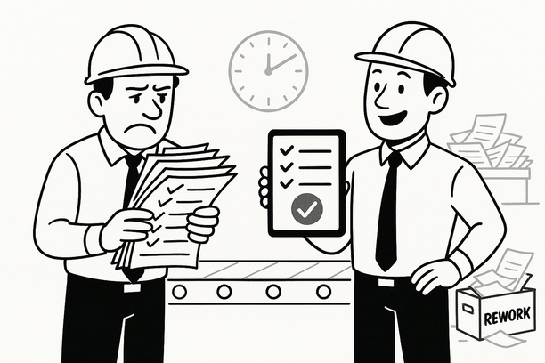 Digital checklist interface showing enforced step gates and real-time quality tracking to reduce scrap and rework