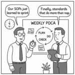 Diagram illustrating weekly PDCA cycle improving Standard Operating Procedures into dynamic living standards
