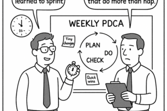 Diagram illustrating weekly PDCA cycle improving Standard Operating Procedures into dynamic living standards