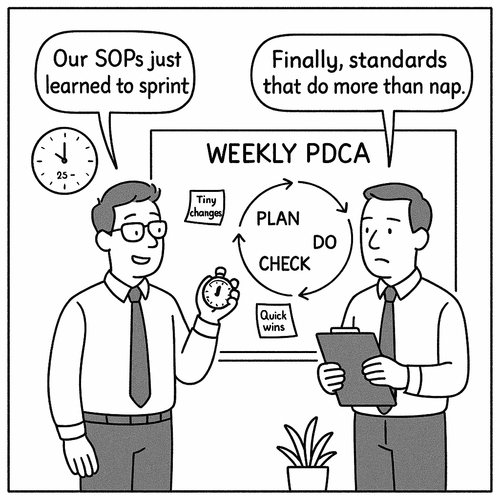 Diagram illustrating weekly PDCA cycle improving Standard Operating Procedures into dynamic living standards