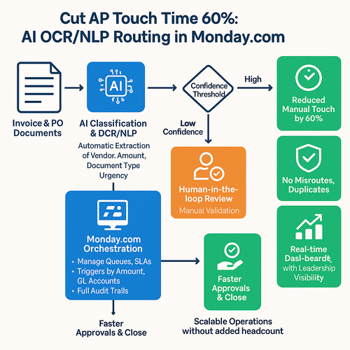 Dashboard showcasing AI-powered OCR and NLP invoice automation reducing AP touch time in Monday.com